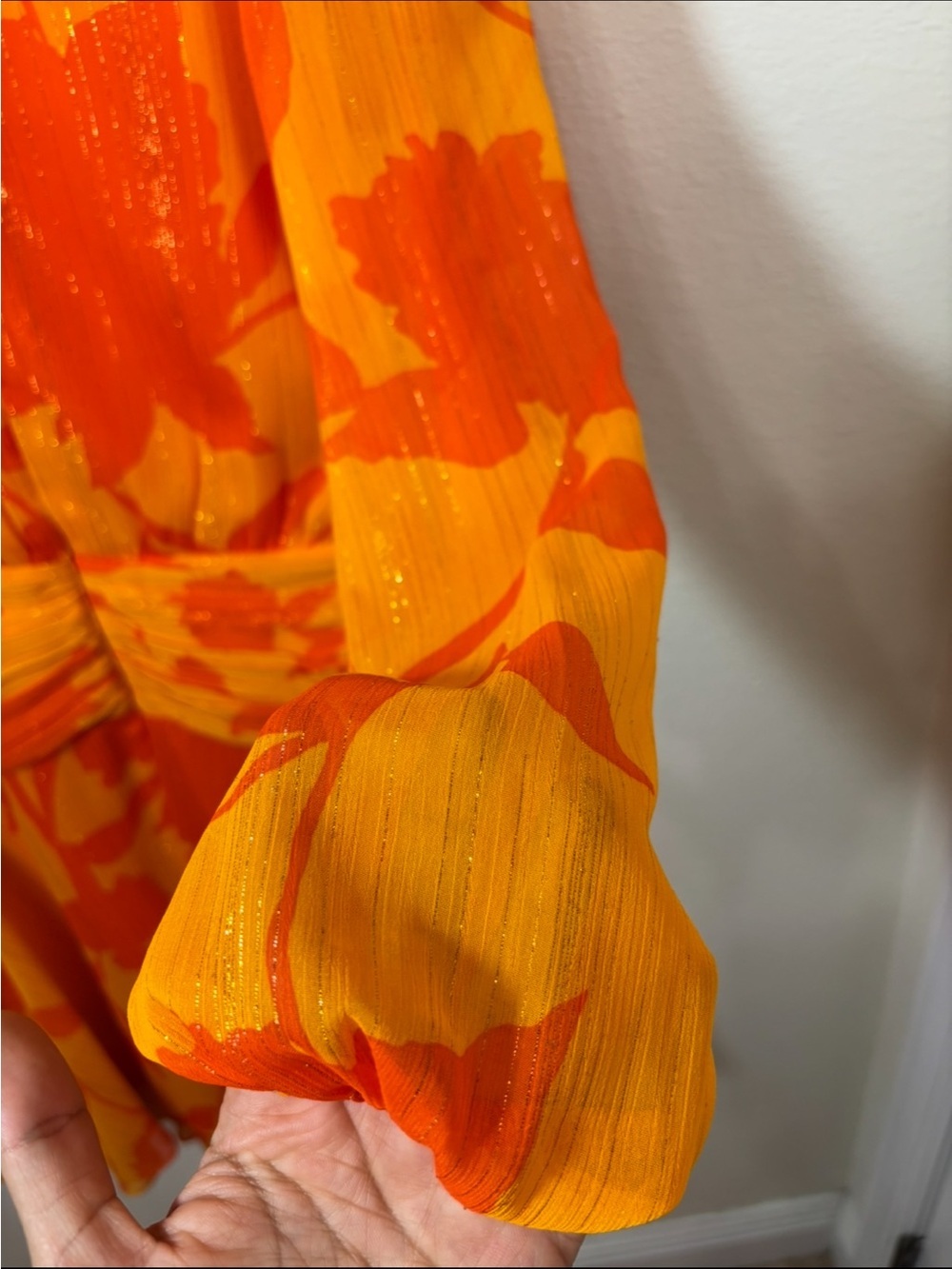 Maison Tara Orange Floral faux Wrap Mini long sleeve Dress - Picture 9 of 9
